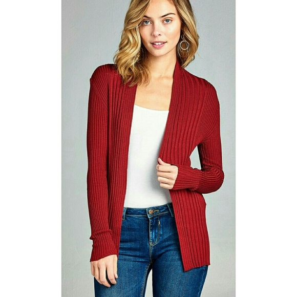 Sweaters - Red long sleeve open front ribbed knit cardigan